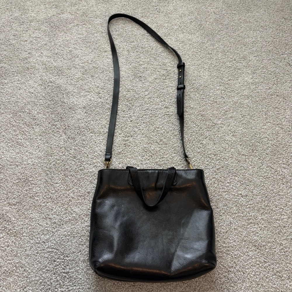 Madewell Zip Top Transport Crossbody Tote Bag Black Leather Minimalist Casual